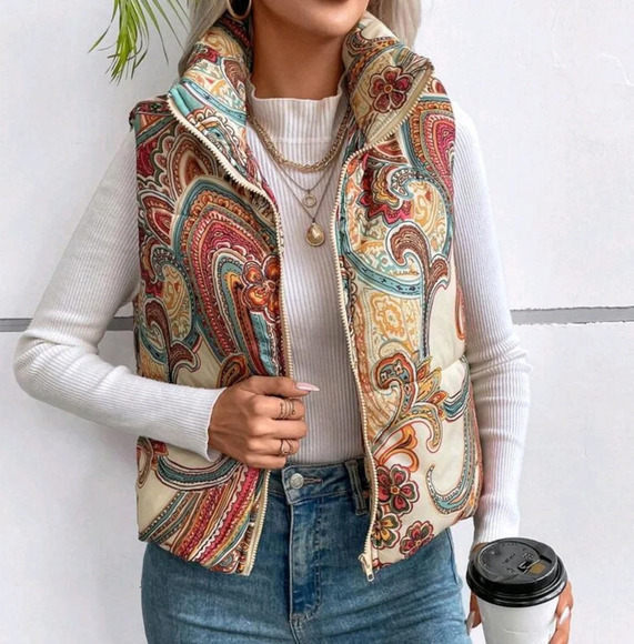 Paisley Print Zip Up Vest Padded Coat,Ladies Late Fall Casual Zipper - Picture 3 of 5
